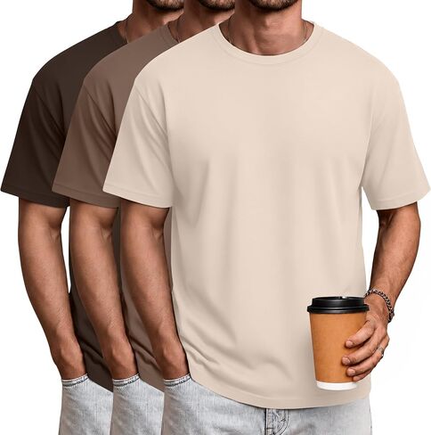 Ficerd 3 Pack Mens Short Sleeve Shirts Crew Neck Cotton Casual Shirts Summer Baggy Soft Basic Tops in Kuwait