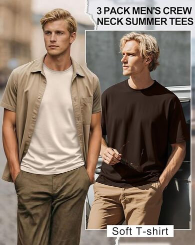 Ficerd 3 Pack Mens Short Sleeve Shirts Crew Neck Cotton Casual Shirts Summer Baggy Soft Basic Tops in Kuwait