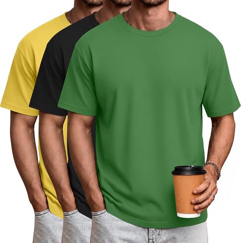 Ficerd 3 Pack Mens Short Sleeve Shirts Crew Neck Cotton Casual Shirts Summer Baggy Soft Basic Tops in Kuwait