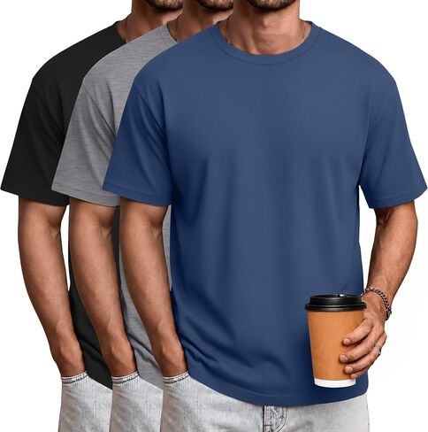 Ficerd 3 Pack Mens Short Sleeve Shirts Crew Neck Cotton Casual Shirts Summer Baggy Soft Basic Tops in Kuwait