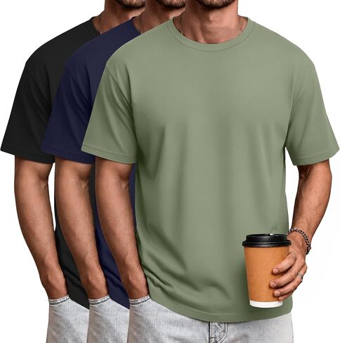 Ficerd 3 Pack Mens Short Sleeve Shirts Crew Neck Cotton Casual Shirts Summer Baggy Soft Basic Tops in Kuwait