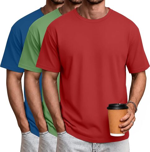 Ficerd 3 Pack Mens Short Sleeve Shirts Crew Neck Cotton Casual Shirts Summer Baggy Soft Basic Tops in Kuwait