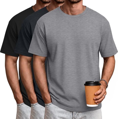 Ficerd 3 Pack Mens Short Sleeve Shirts Crew Neck Cotton Casual Shirts Summer Baggy Soft Basic Tops in Kuwait