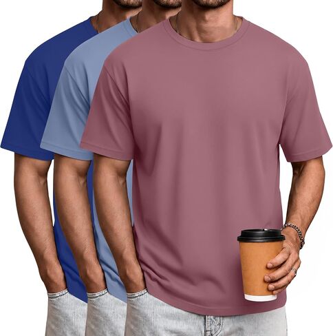 Ficerd 3 Pack Mens Short Sleeve Shirts Crew Neck Cotton Casual Shirts Summer Baggy Soft Basic Tops in Kuwait