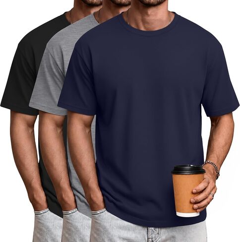 Ficerd 3 Pack Mens Short Sleeve Shirts Crew Neck Cotton Casual Shirts Summer Baggy Soft Basic Tops in Kuwait