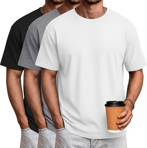 Ficerd 3 Pack Mens Short Sleeve Shirts Crew Neck Cotton Casual Shirts Summer Baggy Soft Basic Tops in Kuwait