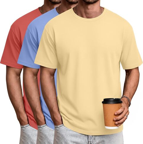 Ficerd 3 Pack Mens Short Sleeve Shirts Crew Neck Cotton Casual Shirts Summer Baggy Soft Basic Tops in Kuwait