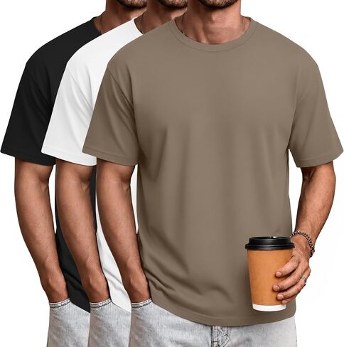 Ficerd 3 Pack Mens Short Sleeve Shirts Crew Neck Cotton Casual Shirts Summer Baggy Soft Basic Tops in Kuwait