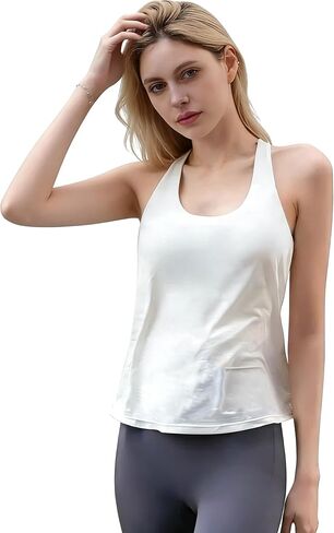Built in Bra Open Back Tank Tops for Women Athletic Yoga Tops Exercise Running Gym Shirts in Kuwait