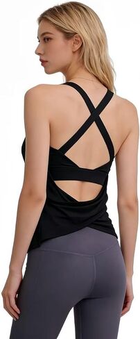 Built in Bra Open Back Tank Tops for Women Athletic Yoga Tops Exercise Running Gym Shirts in Kuwait