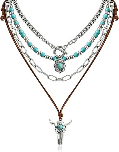 Western Layered Turquoise Bull Skull Necklace for Women, Vintage Southwest Style Faux Leather Beaded Choker Ox-head Pendant Necklace Western Jewelry for Women Cowgirl Accessories in Kuwait