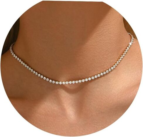 3mm Cubic Zirconia Tennis Necklace for Women, Dainty Adjustable 18K Gold Plated/Silver CZ Tennis Necklace, Hypoallergenic Iced Out Everyday Jewelry Gift for Her Wedding Party in Saudi Arabia