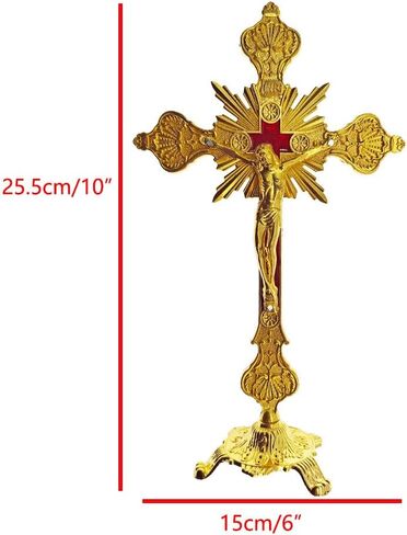 Standing Crucifix with Base 10" Tabletop Metal Catholic Jesus Crucifix Antique Gold Cross for Home Chapel Decoration Religious Gifts in Saudi Arabia