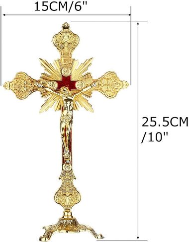 Standing Crucifix with Base 10" Tabletop Metal Catholic Jesus Crucifix Antique Gold Cross for Home Chapel Decoration Religious Gifts in Saudi Arabia