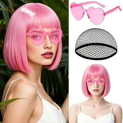 MEEZY 1Pcs Purple Short Bob Wigs Straight Hair with Flat Bangs Heart Sunglasses for Women, Colorful Funny Cosplay Party Neon Wig Synthetic Natural As Real Carnival Halloween Costume in Kuwait