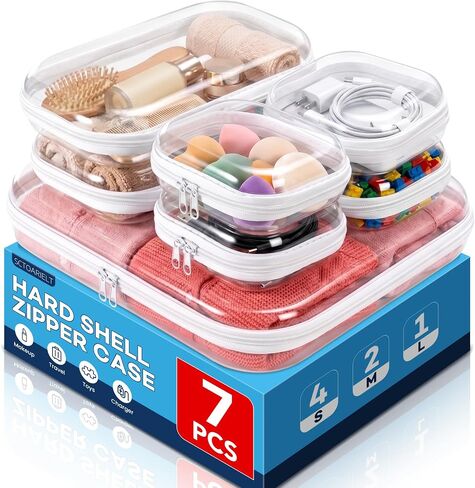 14 Pack Clear Hard Shell Zipper Case, Clear Zipper Pouches, Transparent Waterproof Makeup Plastic Storage Organizer for Home Office Travel Accessories, 2 Large + 4 Medium + 8 Small in Saudi Arabia