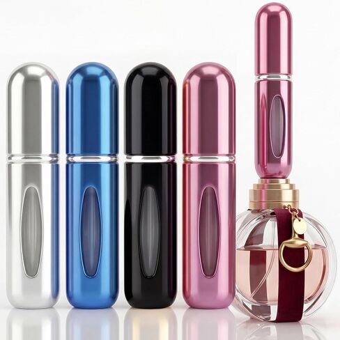 زجاجة عطر للسفر سعة 5 مل، بخاخ رذاذ قابل لإعادة الملء للعطور، رذاذ عطر مانع للتسرب، زجاجات عطر محمولة قابلة لإعادة الملء (أزرق، أسود، وردي، فضي) in Kuwait