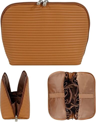Travel Makeup Bag for Women, Waterproof Stand Up Cosmetic Bag with Brush Holders, Organizer Bag with Compartments, Fold-Down Design for Skincare, Toiletries & Essentials (Camel, Medium) in Saudi Arabia
