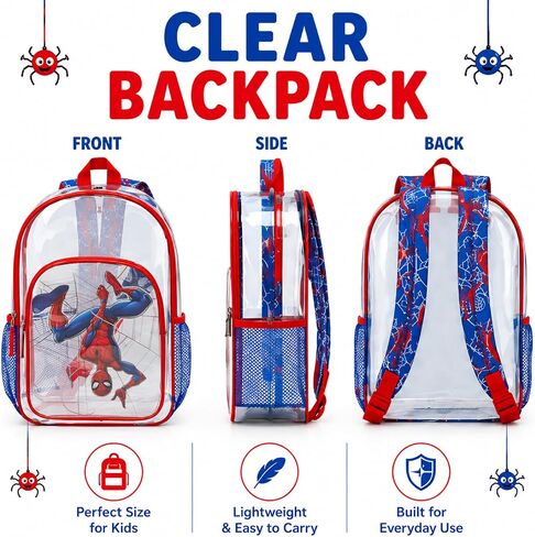 Fast Forward Spiderman Backpack - 16 inch Clear Backpack for Kids Water Resistant School Bag with Padded Straps & Pockets, Size One Size, Spiderman Blue in Kuwait