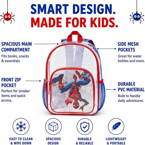 Fast Forward Spiderman Backpack - 16 inch Clear Backpack for Kids Water Resistant School Bag with Padded Straps & Pockets, Size One Size, Spiderman Blue in Kuwait