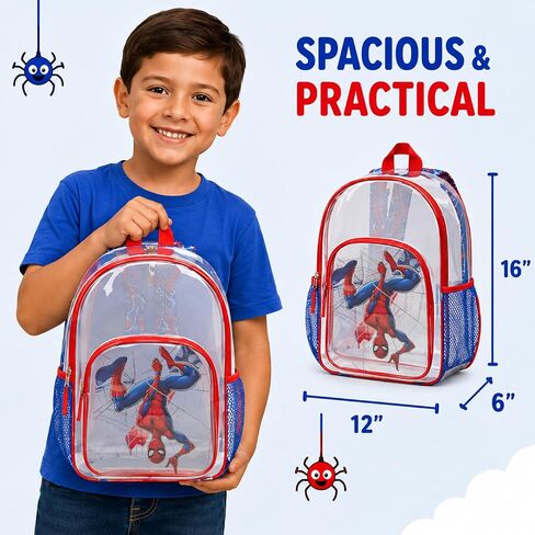 Fast Forward Spiderman Backpack - 16 inch Clear Backpack for Kids Water Resistant School Bag with Padded Straps & Pockets, Size One Size, Spiderman Blue in Kuwait