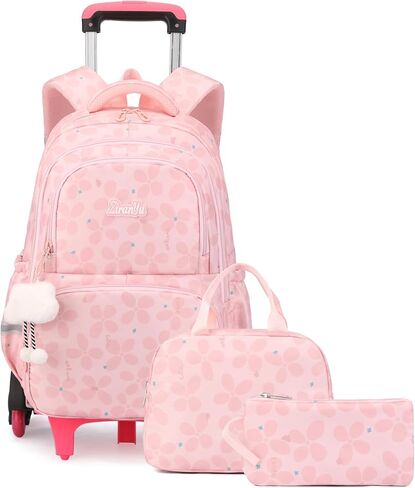 Bansusu 3Pcs Kids Rolling Backpack for Girls with Lunch Bag, Lucky Leaf School Bag Girls Roller Backpack with 6 Wheels, Pink in Saudi Arabia