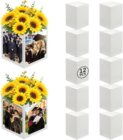 12 Pcs Graduation Picture Centerpiece for Table 4x6 Photo & Flower Display, Picture Frame Centerpieces Paper Box for Congrats Grad Birthday Baby Shower Wedding Decor (White, 5.5"x5.5"x7.1") in Saudi Arabia