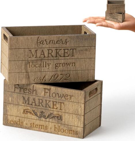 Miniature Vintage Rustic Farmhouse Crate - Retro Mini Farmhouse Tiered Tray Decor Wooden Milk Crate Fruit Flower Basket Decorative Box Miniature Garden Farm Accessories Home Decoration in Kuwait