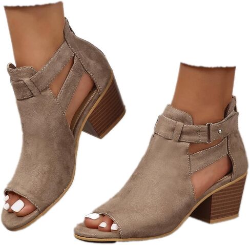Womens Peep Toe Ankle Booties Summer Cutout Back Zipper Walking Chunky Heels Sandals Suede Side Ankle Strap Heeled Dress Sandals in Saudi Arabia