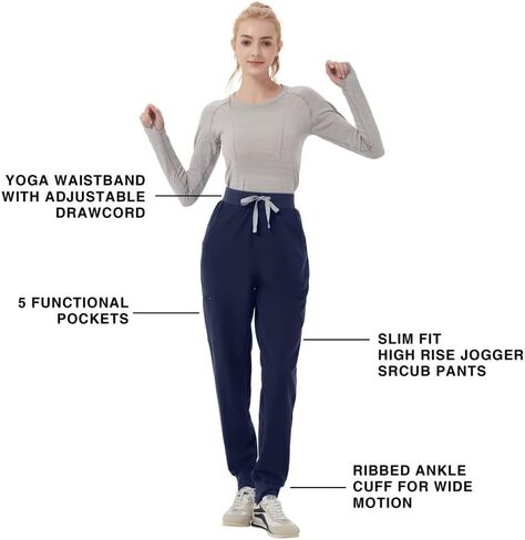 Kitmaz High Waisted Scrub Pants for Women - 4-Way Stretch Anti-Wrinkle Medical Slim Fit Jogger Pants, Drawstring & 5 Pockets in Saudi Arabia