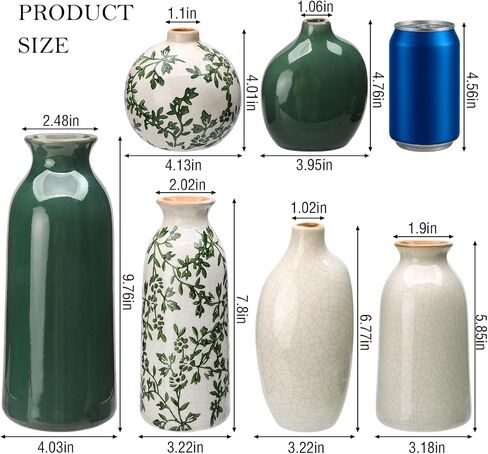Ceramic Vase Set of 6，Flower Vases for Bouquet，Small Vases for Pampas Grass Dried Flowers，Vintage Vase for Centerpieces，Chinoiserie Decor，Shelf Decor, Table, Living Room Bedroom- Green and Beige in Kuwait