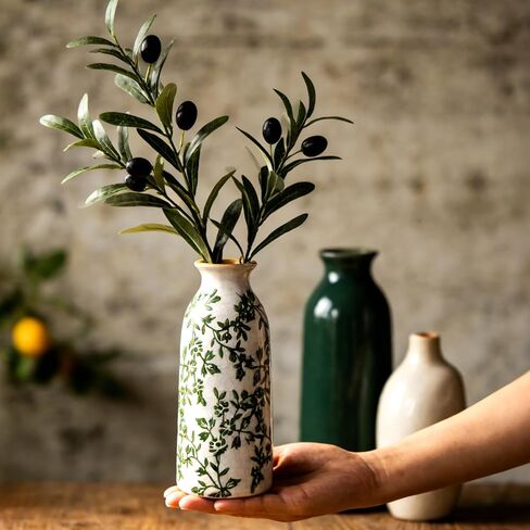 Ceramic Vase Set of 6，Flower Vases for Bouquet，Small Vases for Pampas Grass Dried Flowers，Vintage Vase for Centerpieces，Chinoiserie Decor，Shelf Decor, Table, Living Room Bedroom- Green and Beige in Kuwait