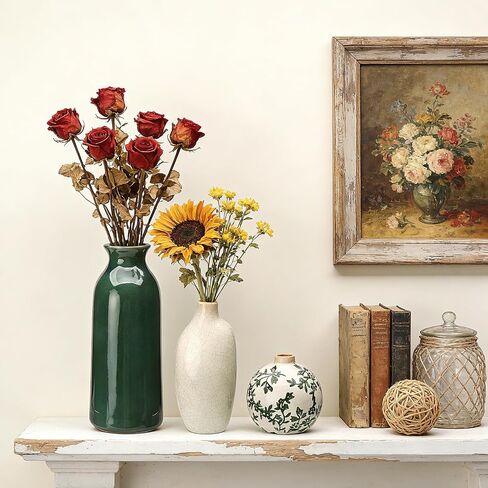 Ceramic Vase Set of 6，Flower Vases for Bouquet，Small Vases for Pampas Grass Dried Flowers，Vintage Vase for Centerpieces，Chinoiserie Decor，Shelf Decor, Table, Living Room Bedroom- Green and Beige in Kuwait