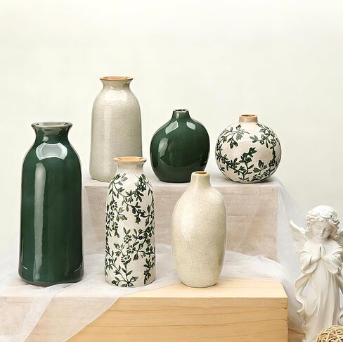 Ceramic Vase Set of 6，Flower Vases for Bouquet，Small Vases for Pampas Grass Dried Flowers，Vintage Vase for Centerpieces，Chinoiserie Decor，Shelf Decor, Table, Living Room Bedroom- Green and Beige in Kuwait