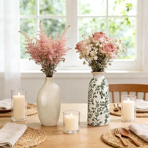 Ceramic Vase Set of 6，Flower Vases for Bouquet，Small Vases for Pampas Grass Dried Flowers，Vintage Vase for Centerpieces，Chinoiserie Decor，Shelf Decor, Table, Living Room Bedroom- Green and Beige in Kuwait