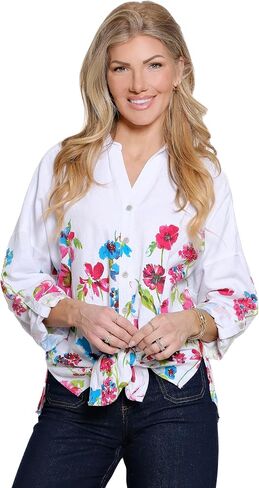 Ali Miles Women's Clothing | Woven Button Front Dolman Long Sleeve with Point Collar Tie Front in Kuwait