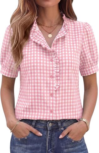 LOMON Button Down Shirts for Women Dressy Casual Puff Short Sleeve Ruffle Blouses Office Tops Work Shirt in Kuwait