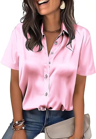 Mawor Satin Button Down Shirts for Women Silk Short Sleeve Blouses Summer Dress Shirt Business Casual Tops Work Up Outfits in Saudi Arabia