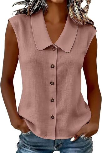 Womens Sleeveless Tops Button Down Dress Shirts Summer Cute Doll Collar Tank Casual Dressy V Neck Shirt Work Blouses in Kuwait