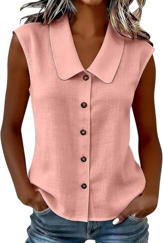 Womens Sleeveless Tops Button Down Dress Shirts Summer Cute Doll Collar Tank Casual Dressy V Neck Shirt Work Blouses in Kuwait