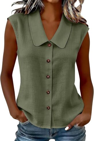 Womens Sleeveless Tops Button Down Dress Shirts Summer Cute Doll Collar Tank Casual Dressy V Neck Shirt Work Blouses in Kuwait