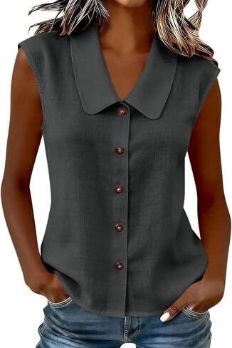 Womens Sleeveless Tops Button Down Dress Shirts Summer Cute Doll Collar Tank Casual Dressy V Neck Shirt Work Blouses in Kuwait