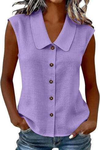 Womens Sleeveless Tops Button Down Dress Shirts Summer Cute Doll Collar Tank Casual Dressy V Neck Shirt Work Blouses in Kuwait