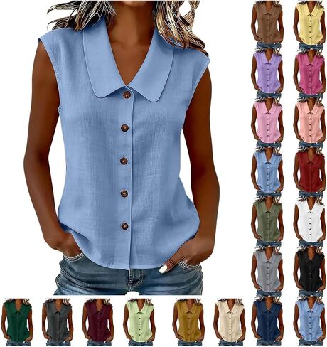Womens Sleeveless Tops Button Down Dress Shirts Summer Cute Doll Collar Tank Casual Dressy V Neck Shirt Work Blouses in Kuwait