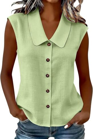 Womens Sleeveless Tops Button Down Dress Shirts Summer Cute Doll Collar Tank Casual Dressy V Neck Shirt Work Blouses in Kuwait