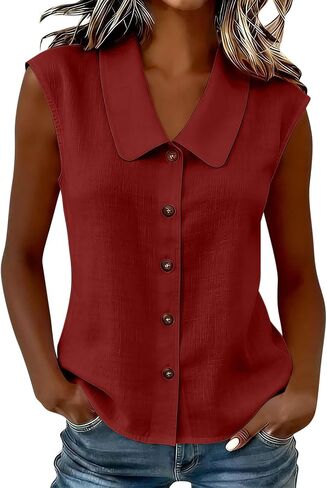 Womens Sleeveless Tops Button Down Dress Shirts Summer Cute Doll Collar Tank Casual Dressy V Neck Shirt Work Blouses in Kuwait