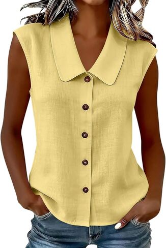 Womens Sleeveless Tops Button Down Dress Shirts Summer Cute Doll Collar Tank Casual Dressy V Neck Shirt Work Blouses in Kuwait