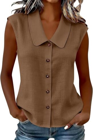 Womens Sleeveless Tops Button Down Dress Shirts Summer Cute Doll Collar Tank Casual Dressy V Neck Shirt Work Blouses in Kuwait