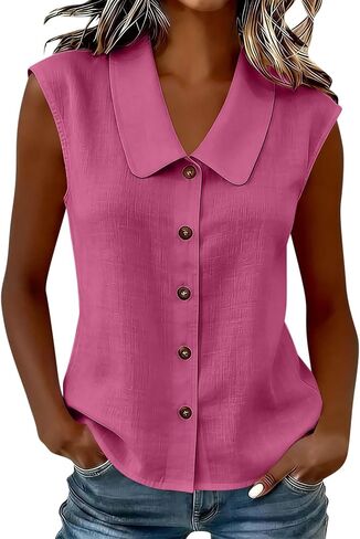 Womens Sleeveless Tops Button Down Dress Shirts Summer Cute Doll Collar Tank Casual Dressy V Neck Shirt Work Blouses in Kuwait