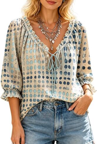 Polka Dot Lace Up Blouse, Women's Summer Casual V Neck Polka Dot Lace Up 3/4 Sleeve Blouses Loose Flowy Tops Shirts in Saudi Arabia